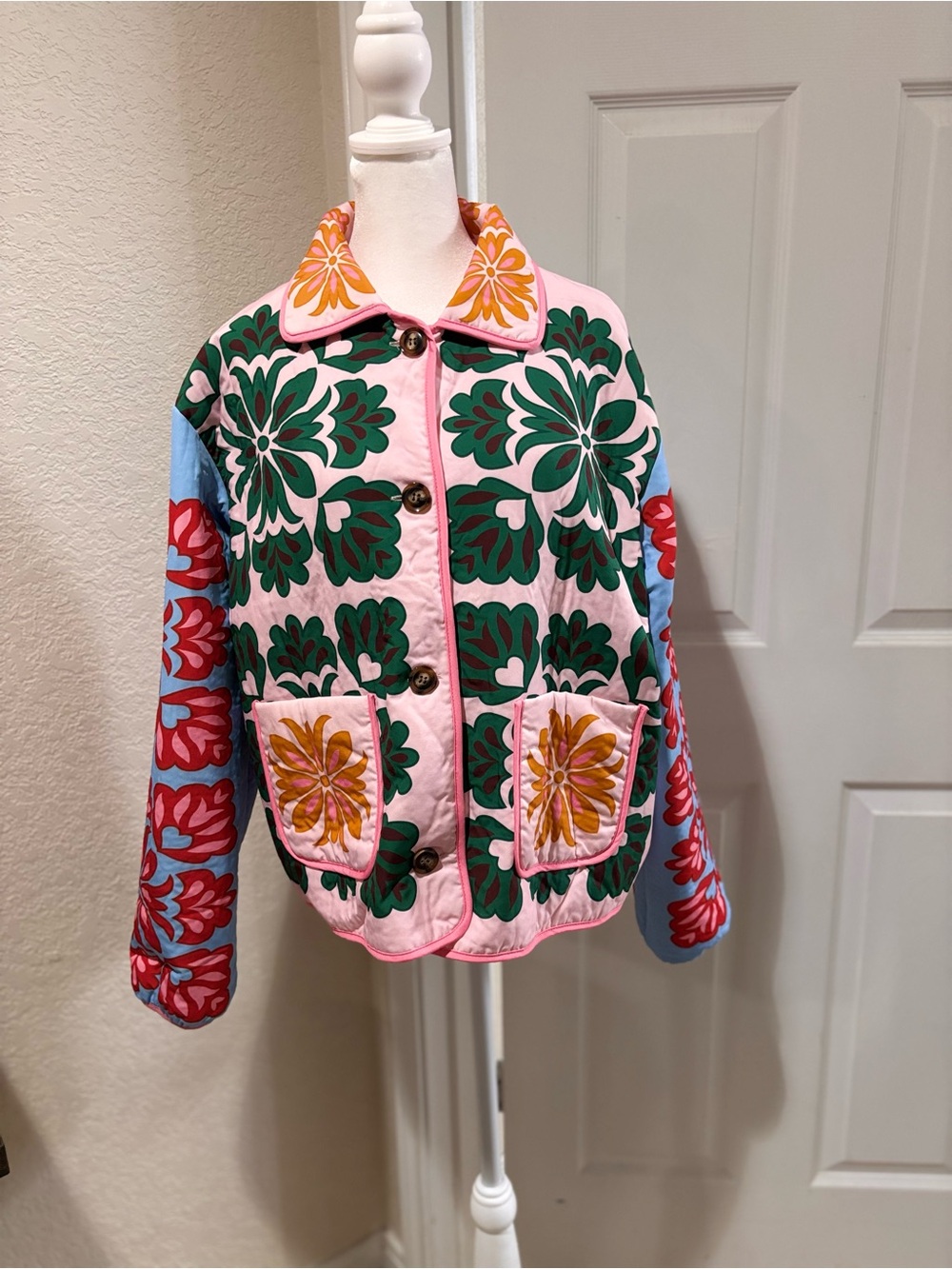 Pink Floral Patchwork Bomber Jacket